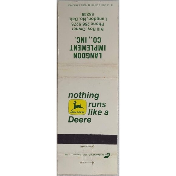 Vintage Matchbook Cover Langdon Implement CO John Deere ND North Dakota - Picture 2 of 4